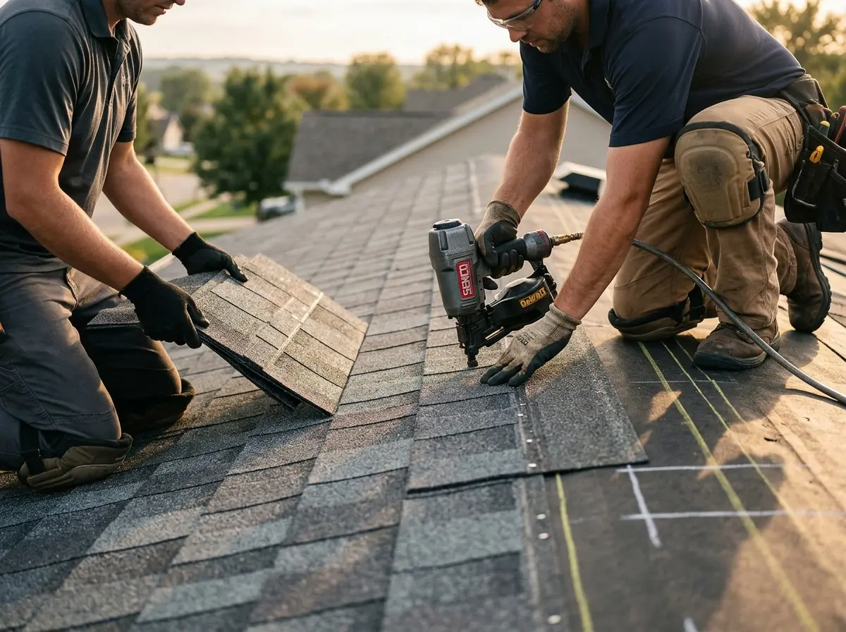 Professional roofer working on a residential roof in Woodmoor